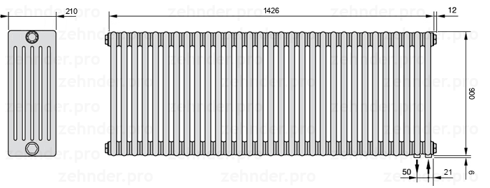 Схема (чертеж) Радиатор Zehnder Charleston 6090/31 №5510 Белый глянцевый RAL 9016